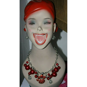 WOMENS MAROON BEADED & RHINESTONE PAW NECKLACE/EARRING SET LADIES NEW JUNIORS